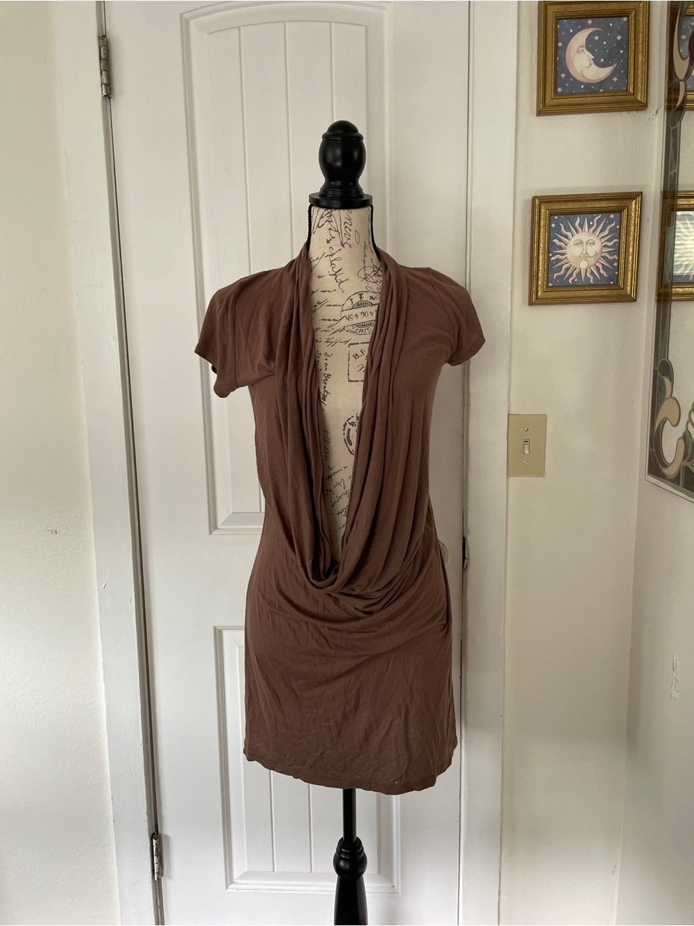 Y2K Urvana Draped Brown Short Sleeve Cowl Neck Dress Low Cut Size S/M